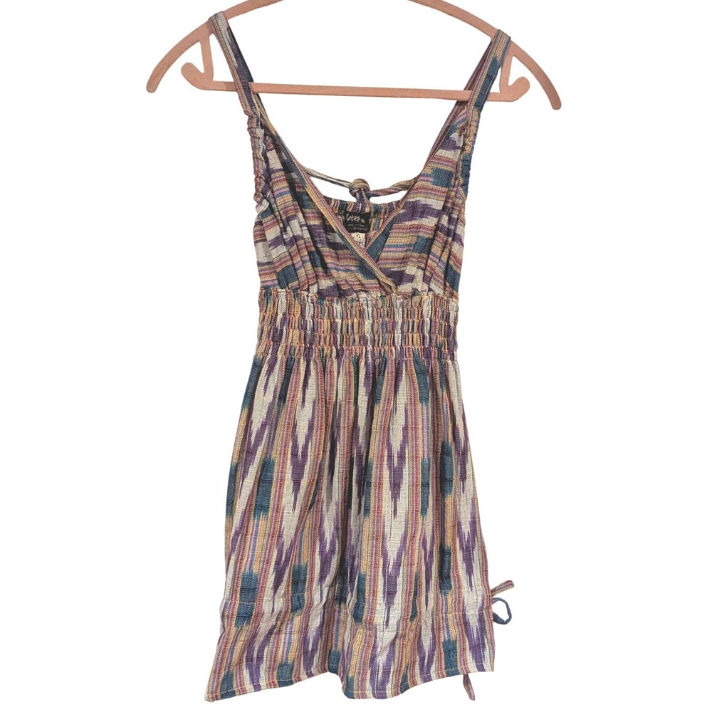 Utzpin Mini Dress L XL Multi Purple Ikat Cotton Smocked Boho Festival Summer